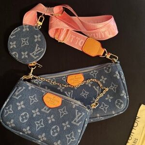 Louis Vuitton Denim Monogram Crossbody Bag with Pink Strap